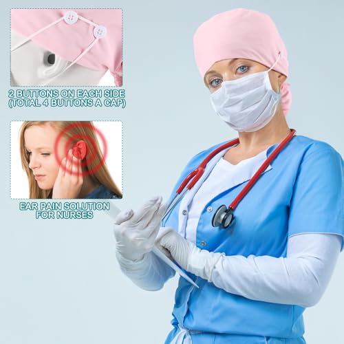 Image of 8 Pcs Satin Lined Scrub Caps, Nurse Hats with Buttons Sweatband, Adjustable Ponytail Surgical Caps for Women