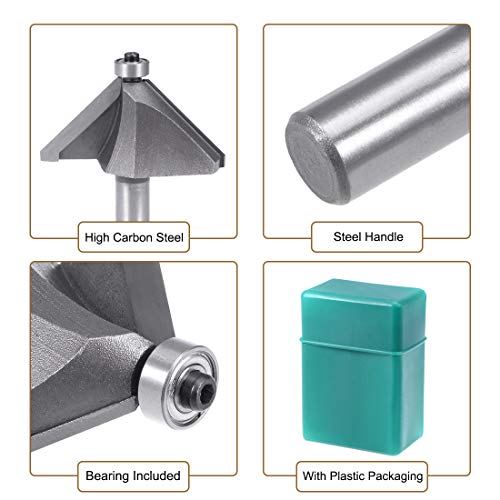 Uxcell Chamfer Router Bit 1/2 Shank 1-1/2" Dia 45 Degree High Carbon Steel With Bearing For Carpentry Woodworking Cutter Tool #TOP3