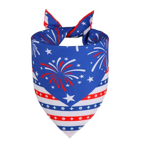 WoffBow 4th of July Dog Bandana, Double-Sided Patriotic Fireworks Tie-On Scarf for Medium/Large Dogs, Size L (Fits 14-18" Neck), Red White Blue Independence Day Gift for Boy & Girl Pups