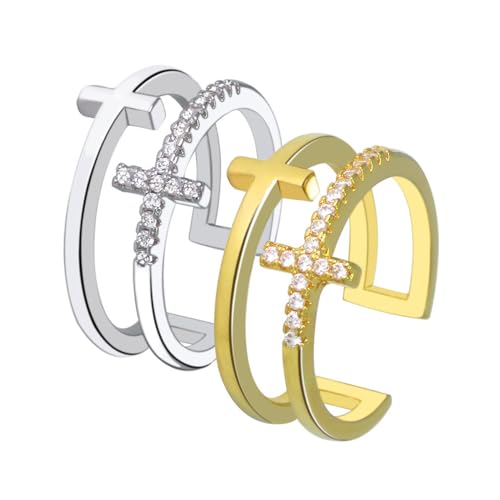 BKEPDY Anillos Cruz Ajustables Cristales Brillantes Joyería Mujer Elegante Conjunto Anillos Abiertos Dorado Plateado