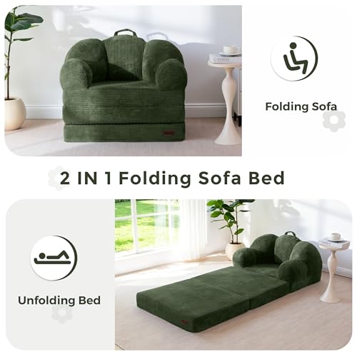 Image of MAXYOYO Folding Sofa Bed, Floral-Shaped Convertible Floor Sofa Couch with Backrest, 2 in 1 Comfy Lounger Bean Bag Chair with Handle, Floor Single Couch for Living Room Bedroom, Dark Green