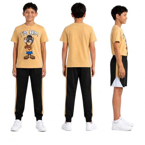 Image of Pro Athlete Boys Pants Set - 3 Piece Active Short Sleeve Graphic Tees Athletic Shorts and Jogger Sweatpants for Boys