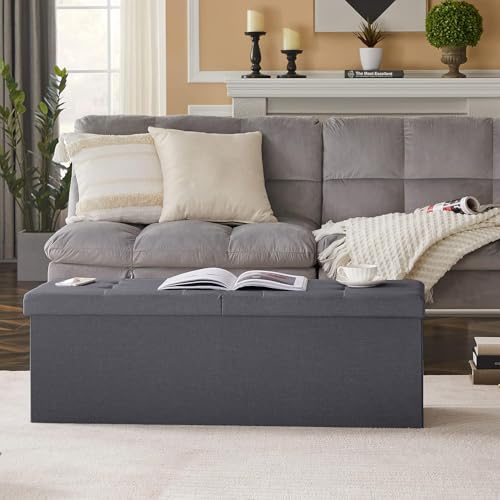Zedelmaier Sitzbank mit Stauraum, Sitzhocker Faltbar Sitztruhe belastbar bis 300 kg, Deckel klappbar, klappbare Sitztruhe für Wohnzimmer, Flur, Schlafzimmer, 114x38x38 cm, Dunkelgrau