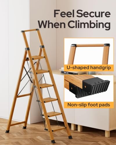 Image of 6 Step Ladder for 12ft High Ceiling, Lightweight Aluminum Folding Step Stool with Convenient Handgrip, Stepladders with Anti-Slip and Wide Pedal for Home and Kitchen Use - Woodgrain (300 lbs)