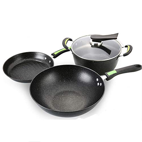 Olla de cocina, ollas y sartenes, juego de utensilios de cocina antiadherentes de aluminio fundido a presión, ollas multifuncionales con tapa de vidrio y asas de baquelita, 3 piezas (B) (A)