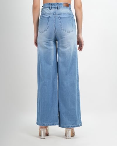 Image of Women's High Waist Wide Leg Jeans, Light Blue Denim, Stretchable Relaxed Fit