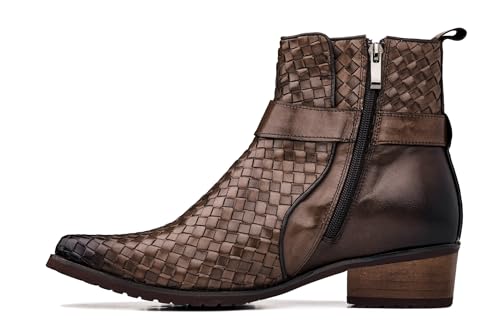 CALTO Men's Invisible Height Increasing Elevator Shoes - Coffee Brown Premium Leather Woven Ankle Buckle Zipper Boots - 3.3 Inches Taller - K30525 - Size 7.5 D(M) US3