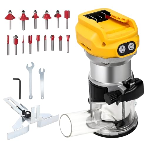 Enrutador inalámbrico compatible con batería Dewalt de 18 V y 20 V, 800 W, 30000 rpm, recortadora de madera sin escobillas con 6 velocidades, cortador de bordes de base de aluminio con 15 brocas de