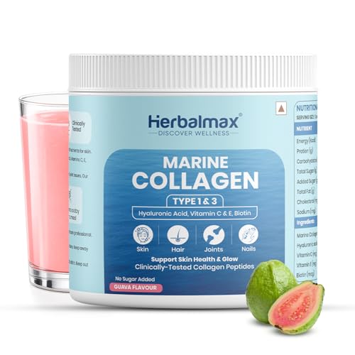 Image of Herbalmax Hydrolyzed Marine Collagen Supplements 120g With Hyaluronic Acid, Vitamin C & E, Biotin | Supports Healthy Skin, Hair, Nails, Bones & Joints | Type I & III Collagen Guava Flavour