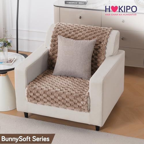 Image of HOKIPO Luxury Rabbit Wool Plush Fluffy Sofa Cover for 1 Seater Sofa | Full Protection for Sofa Seat and Back | 'BunnySoft Series' (180x60 cm), Canvas Brown (AR-6666-BRN)