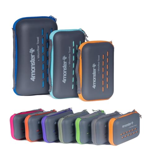 Image of 4Monster Quick Dry Travel Towel with Case & Carabiner - Super Absorbent Microfiber Gym & Camping Towel. Compact, Lightweight, Fast Drying for Beach, Swimming, Hiking, Backpacking