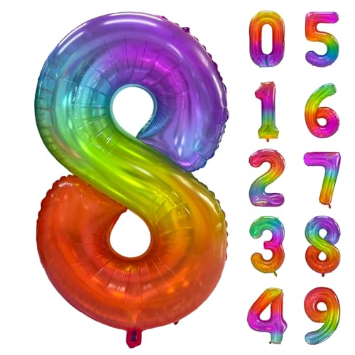 Rainbow Number 8 Balloon 40 Inch Rainbow 8 Balloon Giant Helium Foil Number 0 to 9 Balloons Birthday Wedding Party Digital Decorations Number 8