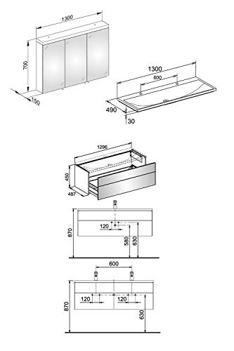 Keuco Badmöbelset mit Doppelwaschtisch, Waschbeckenunterschrank mit Frontauszug, LED Spiegelschrank dimmbar, Badezimmermöbel Set mit Spiegelschrank, 3 Türen, Breite 130 cm Royal Reflex