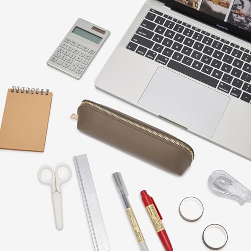 Image of Pencil Case Small Pencil Pouch Slim Zipper Pen Holder School Office College(Pearl Brown,Faux Leather)