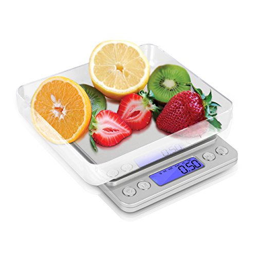 Digitale Taschenwaage Präzisionswaage mit 2 Messschalen - tragbare Feinwaage mit Tara Funktion bis 3kg für unterwegs und Reisen - ca.13x11x2,5cm große Diabetikerwaage für Küche und Arbeit Silber