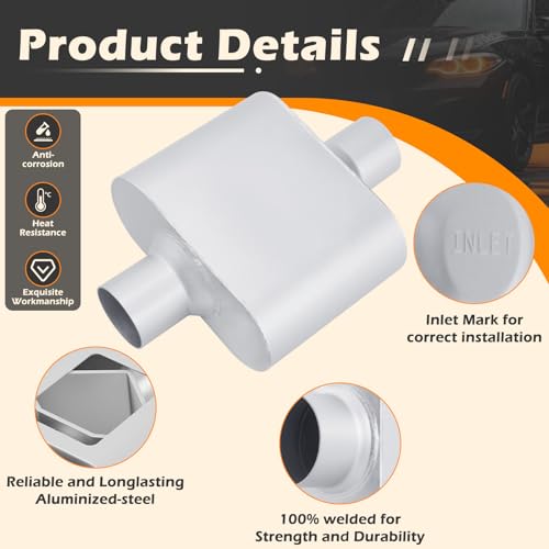 Image of A-KARCK Universal Exhaust Muffler 2.5 inch Center Inlet 2.5 inch Center Outlet, 13 inch Overall Length Aluminized Steel Aggressive Sound Race Muffler for Cars, Trucks