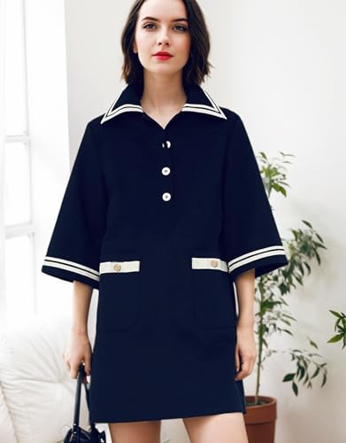 Image of Kedera Women Short Sleeves Button Shift Dress V Neck Summer Tshirt Dress with Pockets