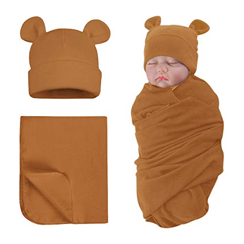 Image of PESAAT Cotton Baby Swaddle Hat Set Newborn Infant Hats Receiving Blankets for Baby Boys Girls