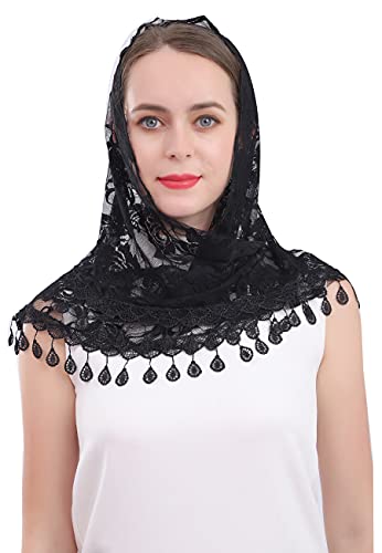 Lace veil Mantilla veil Shawl or Scarf Latin Mass Head Cover with Fringed lace (Black)