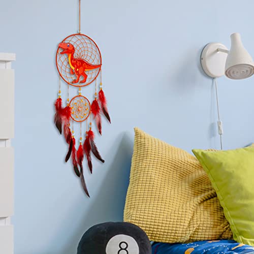 Basumee Dream Catcher for Kids Feather Dream Catchers Handmade Home Decor Wall Hanging with Double Ring for Nursery Bedroom Boys Room, Red Dinosaur - Image 5