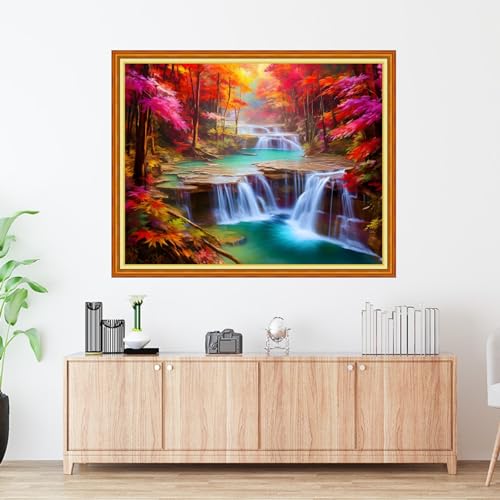 Image of Foxdiviy Cross Stitch Kits - Late Autumn Waterfall 16x20 inch - 11CT Pre-Printed Embroidery Kit - Stamped Cross Stitch - All Ages - Unisex - Multicolor - Modern - Nature Theme - Non-Foldable