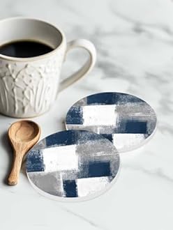 Coasters for Drinks with Holder, Blue and Grey Abstract Paint Art Graffiti Set of 8 Absorbent Ceramic Coasters with Cork Base, Ceramic Drink Coaster for Wooden Table Protection Bar Home Decor, 4 inch