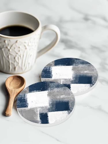 Coasters for Drinks with Holder, Blue and Grey Abstract Paint Art Graffiti Set of 8 Absorbent Ceramic Coasters with Cork Base, Ceramic Drink Coaster for Wooden Table Protection Bar Home Decor, 4 inch