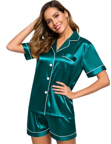 Image of SWOMOG Womens Silk Satin Pajamas Set Short Sleeve Sleepwear Button Down Top and Shorts Loungewear 2 Piece Pjs Set XS-3XL
