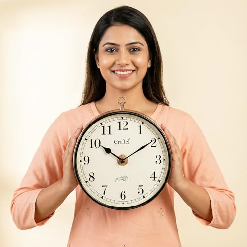 Image of CRAFTEL Double Sided Station Wall Clock Electroplated | English Roman Numerals | Brass Body Aluminum Matte-Finish Dial | Dial - 10 Inches, Rose Gold | 365 Days Warranty