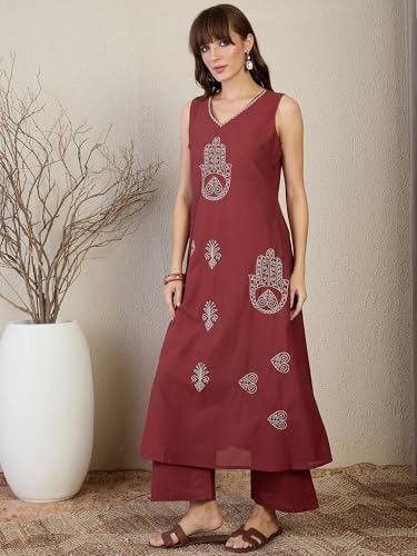 Image of INDO ERA Women's A-Line Pure Cotton Ethnic Motifs Embroidered Kurta & Palazzos Set | Cord Set For Women Cotton