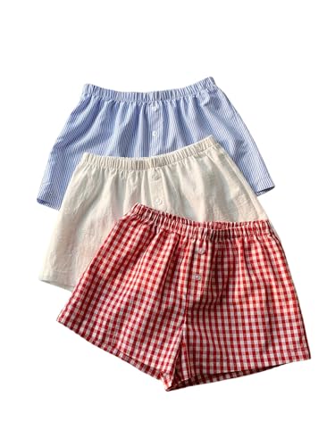 Image of MakeMeChic Women's 3 Pack Linen Shorts Gingham Striped Beach Shorts | Summer, Plaid, Cover Up Shorts