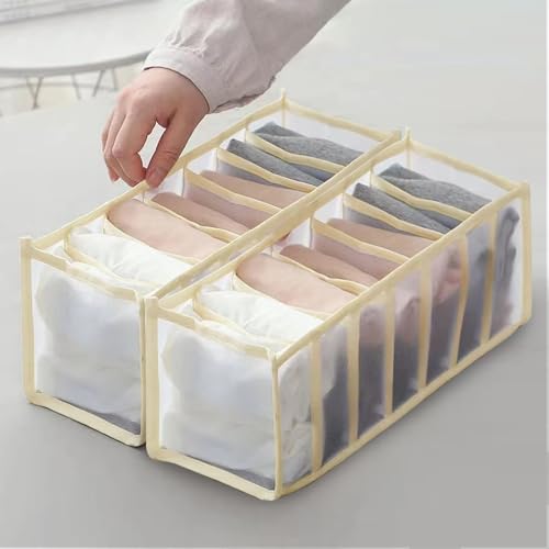 2-Pack-Sock-Underwear-Organizer-Dividers-14-Cell-Drawer-Fabric-Foldable-Cabinet-Closet-Storage-Boxes-for-TiesBeige 2 Pack Sock Underwear Organizer Dividers, 14 Cell Drawer Fabric Foldable Cabinet Closet Storage Boxes for Ties(Beige) - Image 1