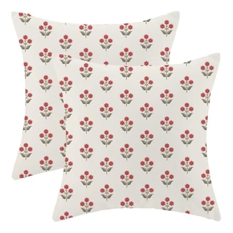 AEIOAE Red Block Print Pillow Covers 18x18 Inch Set of 2, Boho Vintage Floral Throw Pillows Case,Summer Outdoor Flower Rustic Decorative Farmhouse Decor Cushion Covers for Home Sofa Bed Couch Cover