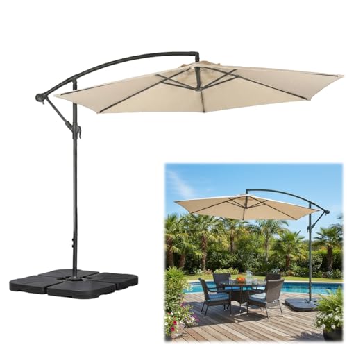 Kit Ombrelone Lateral Suspenso 2,5 Metros TAIPU Bege + Base 60 Litros Quadrada Piscina Jardim - AMZ