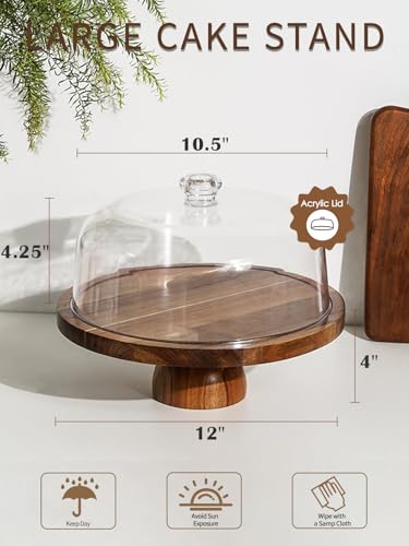 Kanwone Acacia Wood Cake Stand with Acrylic Lid - 12in Cake Plate, Multi-Functional Dessert Table Display Set, Charcuterie Board, Cake Holder with Dome, Detachable Design - Image 4