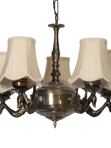 Image of Devansh 05-Light Conical Off-White Cotton Shade Chandelier - Antique Golden Finish | Adjustable Cord | Warm Glow Lamp - Ceiling Light for Living Room, Dining Area, Bedroom & Entryway Decor - D4
