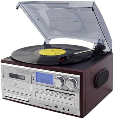 Vinyl Record Player with Built-in Speakers, Retro Bluetooth Turntable with CD/Cassette Player, Less Noise, Frosted Dust Cover