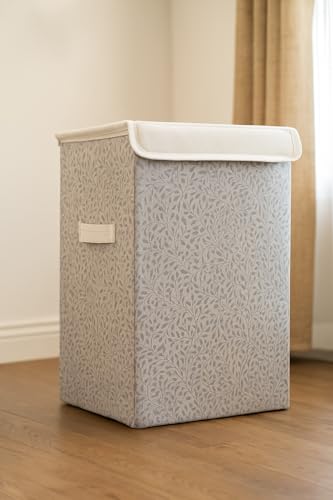 Image of QUAIL Foldable Fabric Laundry Basket with Lid and Side Handle for Clothes Storage, Durable Leaf Pattern Laundry Hamper Organizer for Bedroom, Bathroom, Home and Washing Area Use (Silver, Golden)