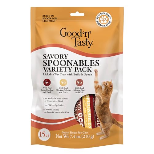Good ‘n’ Tasty Savory Spoonables Variety Pack, 15 Count Tube, Triple Flavor Squeezable Lickable Wet Treats for Cats with Built-in Spoon for Less Mess