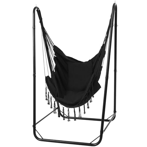 SELFLA Silla Colgante en U con Soporte, Silla Colgante de Acero Resistente con Soporte para Interior y Exterior, Base Estable, Capacidad 100 kg, Montaje fácil   Negro