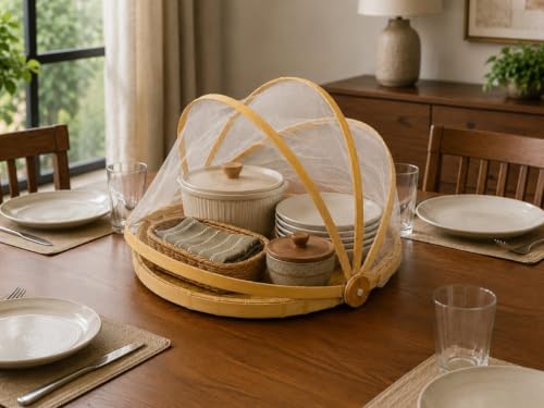 Image of Bamboo Storage & Serving Basket with Pop-Up Mesh Cover | Multipurpose Kitchen Organizer for Fruits, Vegetables & Bread | Dustproof Picnic Food Tray (1 Multipurpose Basket) premium Quality
