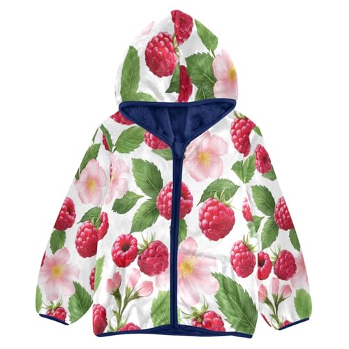 Red Raspberry Flower Leaf Toddler Fleece Jacket Girl Boys Hooded Fleece Jacket Coat Warm Outwear Zip-up 3-10T