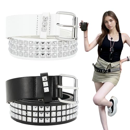 2 Pcs Studded Belt,White Black Studded Belt,Simple and Stylish Imitation Leather Spiked Belts with Shiny Pyramid Studs for Women Men.