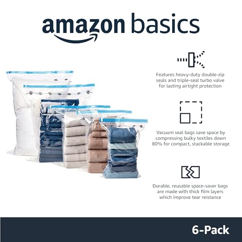 Amazon Basics Vacuum Compression Space Saving Storage Bags with Hand Pump for Clothes Packing, Jumbo, Clear, Pack of 6 - Image 3