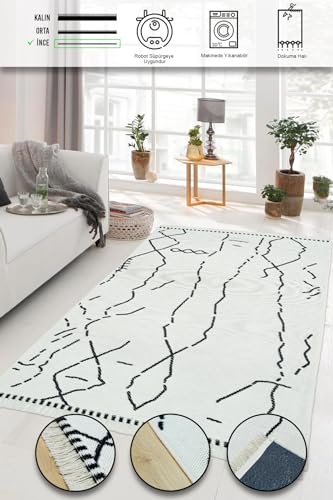 İskandinav Kaymaz Taban Saçaklı Dokuma Örgü Yıkanabilir Salon Oturma Odası Yolluk Kilim Cream 80 x 150