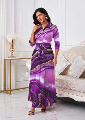 Image of Runwind Women Church Maxi Dresses 3 /4 Sleeve Button Down Print Casual Office Dress African
