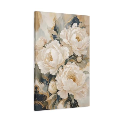 Art mural pivoines blanches et or de qualité premium avec châssis de 3 cm