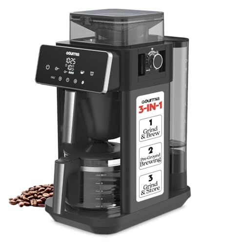 Gourmia 10 Cup Grind & Brew Coffee Maker - Built-In Burr Grinder, 3 Brew Strengths, Programmable Digital Display, Pause & Serve, Keep Warm, Auto Shut Off, Black