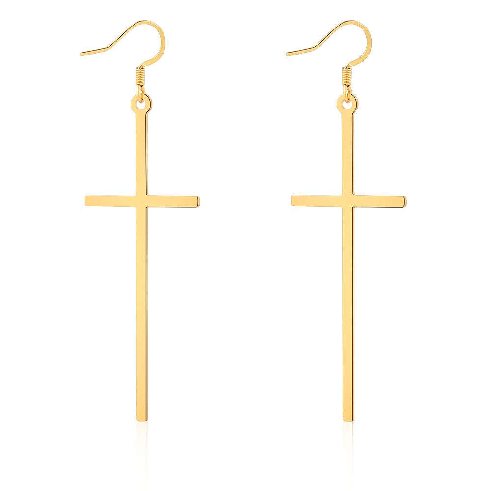VU100 Pendientes largos de acero inoxidable, Pendientes Mujer con colgante en forma de cruz (3in*0.9in), plata y oro