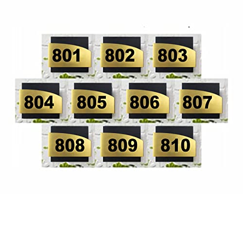 Image of Combo Number Plate | Combo SET801-810(Pack of10)| Laser Cut Acrylic Black and Gold Color Smooth Finish Plate with Double Side Tape on Backside